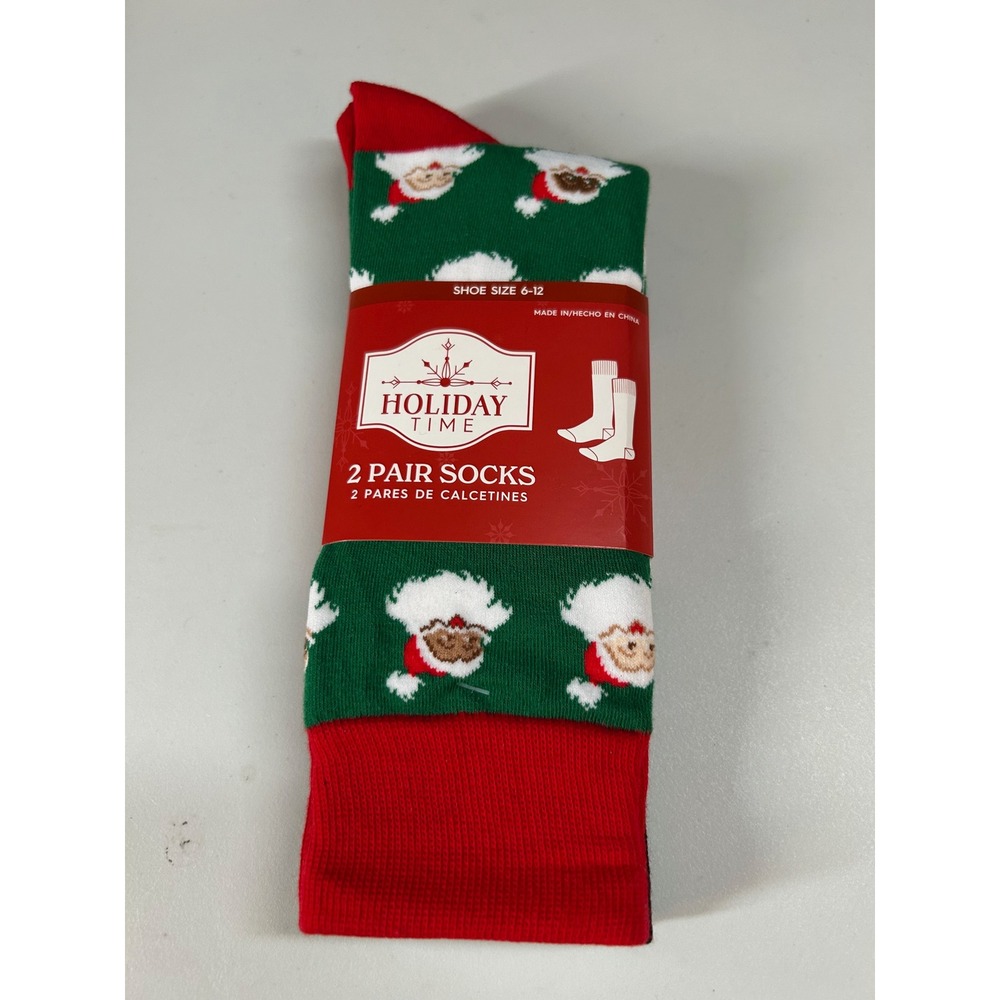 Holiday Time Christmas Socks‎ 2-Pair Santa Buffalo Check Shoe Size 6-12 NWT